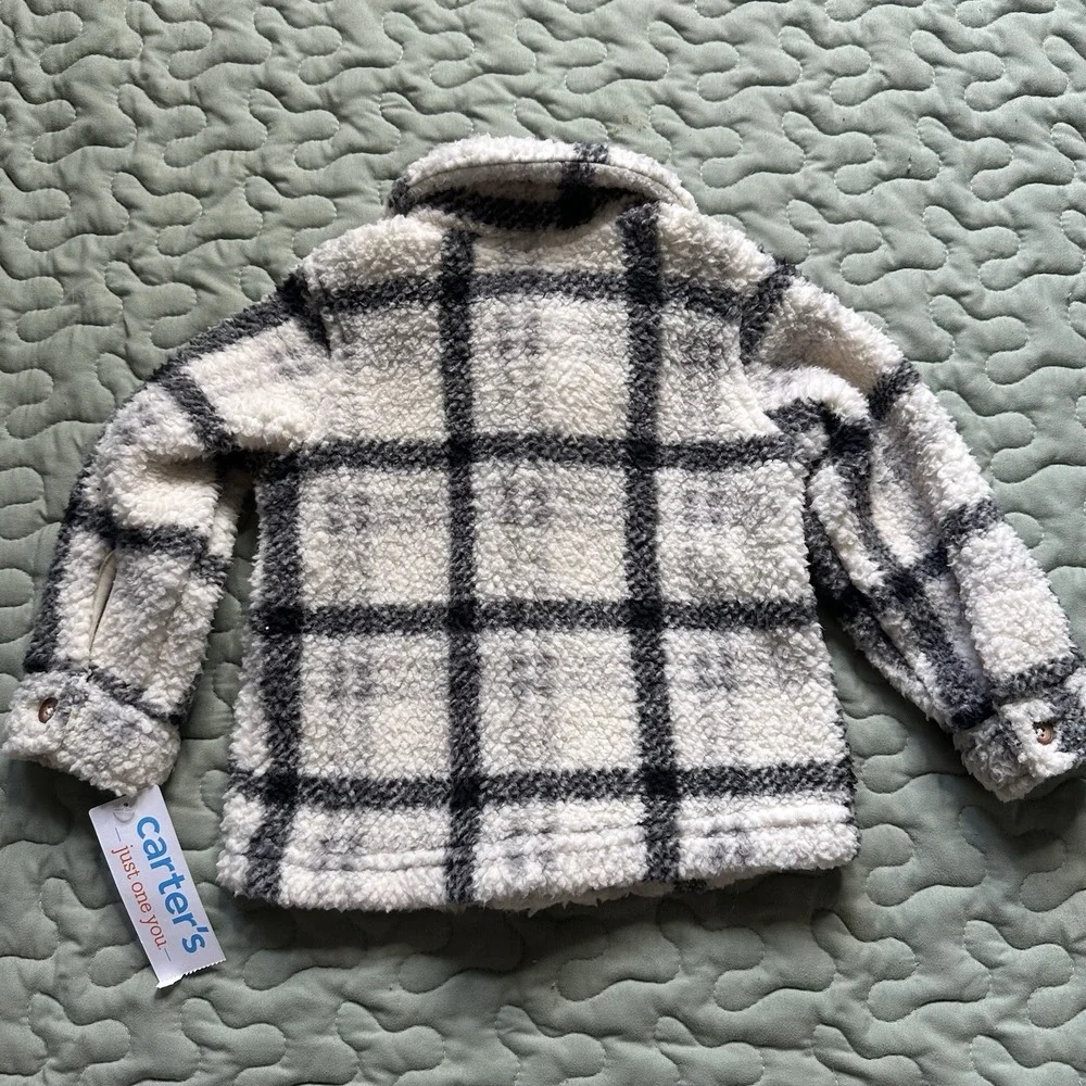 NWT Carter's Infant White Plaid Fleece Button Up Shirt Jacket Size 9M